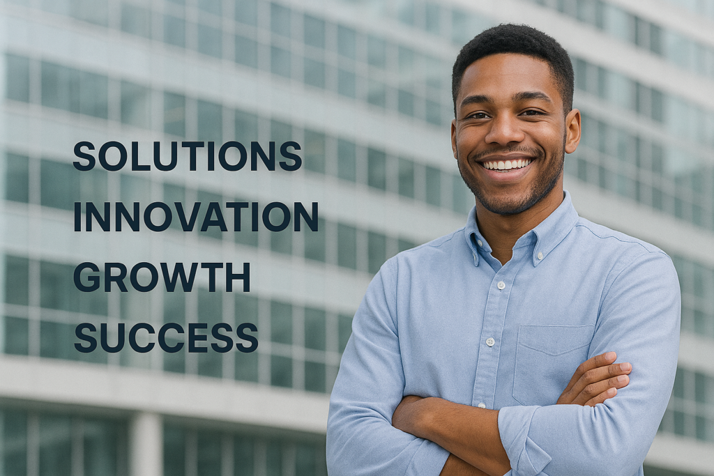 Confident business professional standing in front of a modern corporate office building, representing innovation, solutions, growth, and long-term success